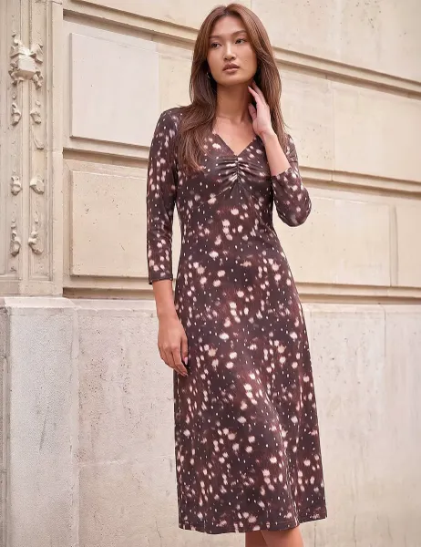 Roman V Neck Deer Print Ruched Midi Dress Chocolate