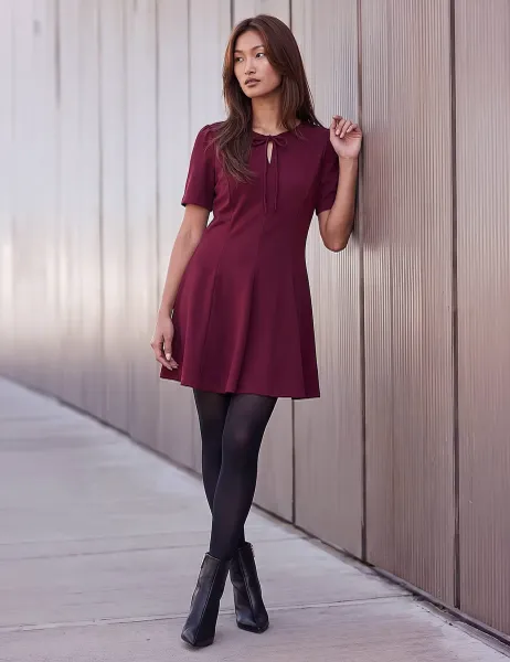 Roman Bow Detail Mini Dress Burgundy Mix