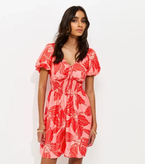 New Look Women's Pink Crepe Floral Puff Sleeve Shirred Mini Dress