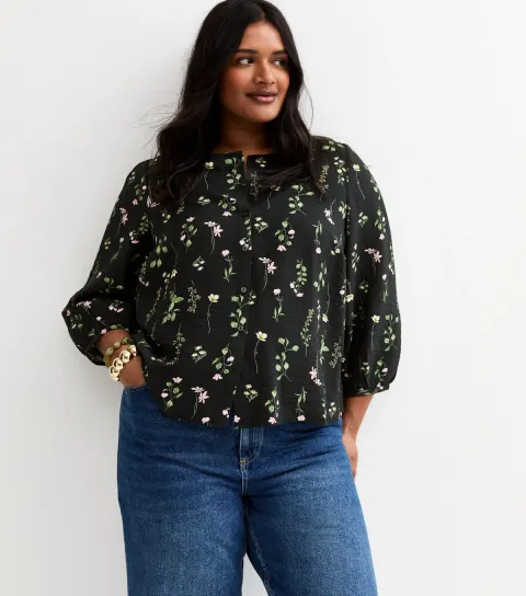 Women's Plus Size Black Ditsy Floral 3/4 Length Sleeve Blouse Curves