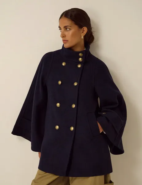 Monsoon Funnel Neck Cape Coat with Wool Navy