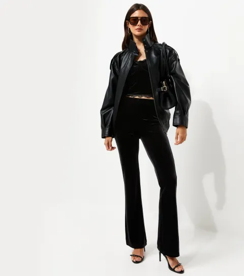 Women's Black Jersey Velvet Flared Trousers