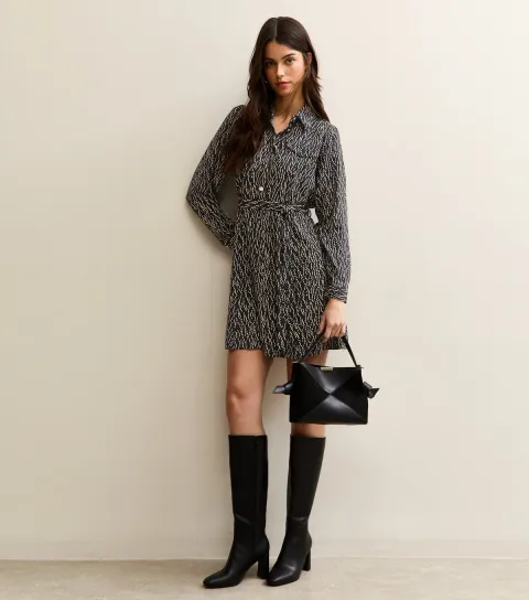 Women's Black Squiggle Print Mini Shirt Dress