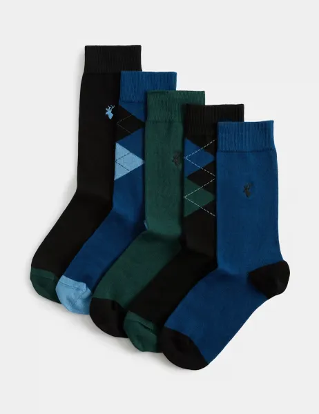 Marks & Spencer 5 Pack Cool & Fresh Stag Argyle Cotton Rich Socks Blue Mix