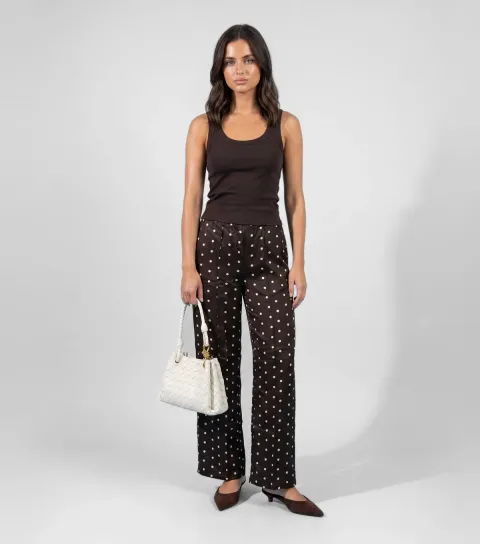 Women's Brown Polka Dot Side Stripe Wide Leg Trousers