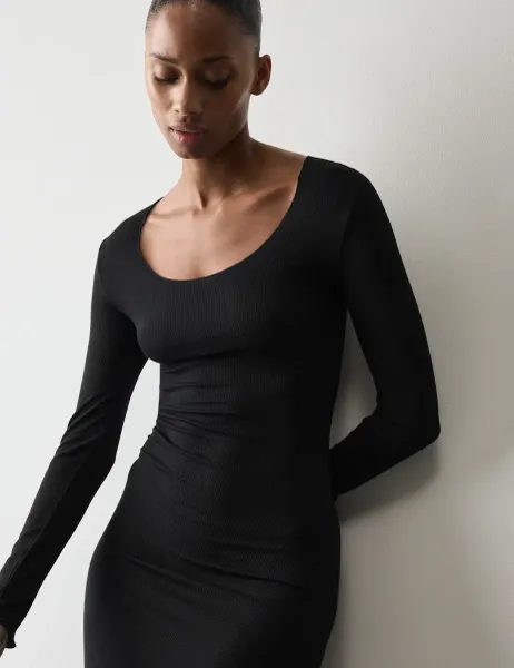 Autograph Sheer Ribbed Long Sleeve Nightdress Black
