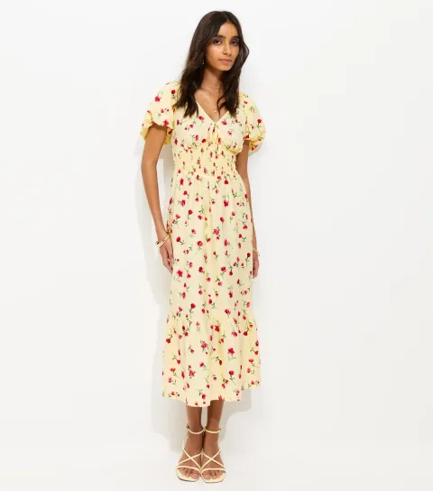 Women's Light Yellow Crepe Ditsy Puff Sleeve Shirred Waist Midi Dress