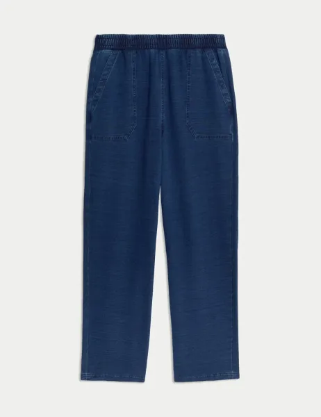 Marks & Spencer Denim Jersey Straight Leg Trousers Indigo