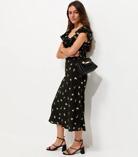 Women's Petite Black Floral Print Ruffle Neck Midi Dress