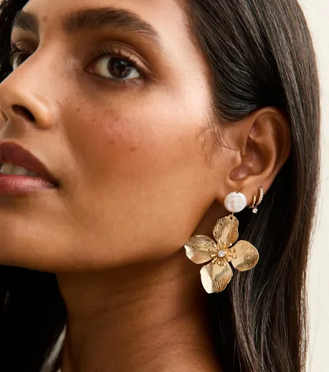 Gold-Tone Pearl Flower Drop Earrings