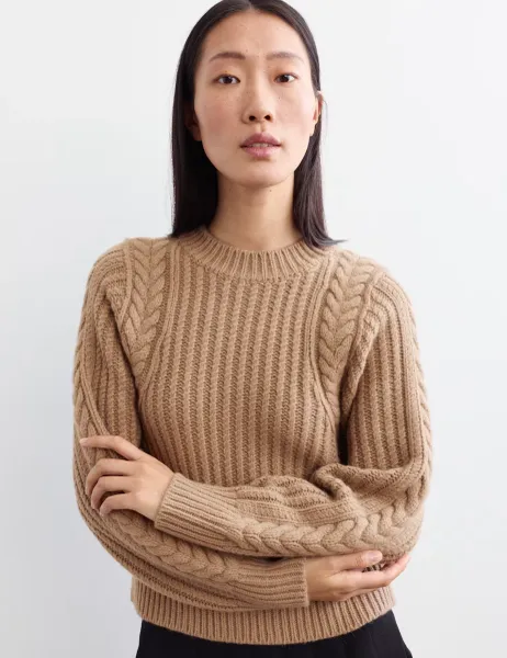 Jaeger Wool Rich Chunky Textured Crew Neck Jumper Camel