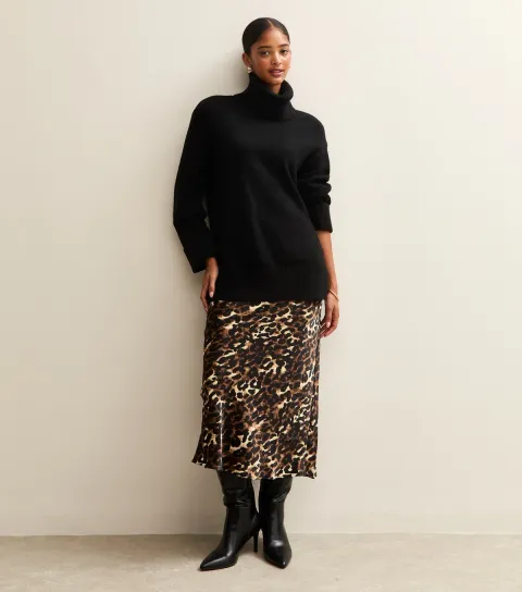 Women's Brown Leopard Print Satin Midi Skirt