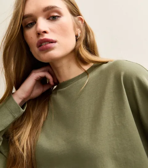 Women's Dark Khaki Heavyweight Cotton Long Sleeve T-Shirt