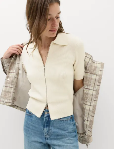 Marks & Spencer Collared Zip Up Slim Fit Cardigan Ivory