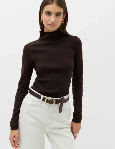Marks & Spencer Funnel Neck Fitted Knitted Top With Wool Bitter Chocolate