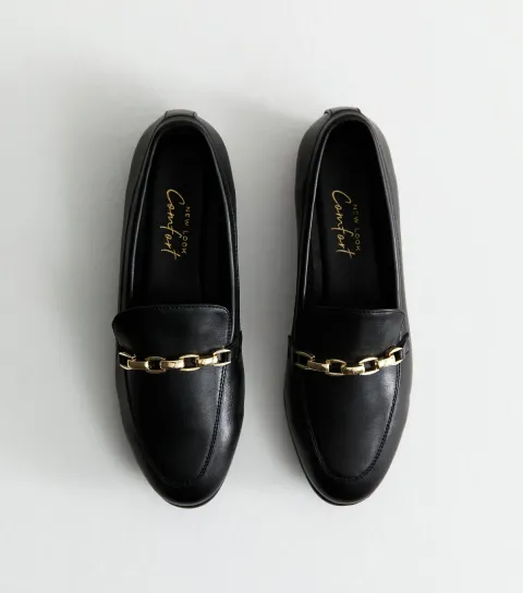 Women's Wide Fit Black Faux Leather Chain Trim Loafers Vegan