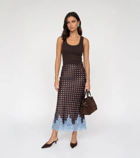 Urban Bliss Women's Brown Satin Polka Dot Lace Hem Maxi Skirt