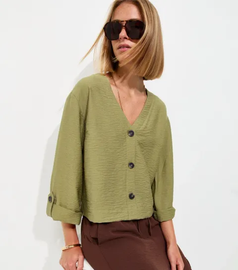 Women's Dark Khaki V-Neck Shirt