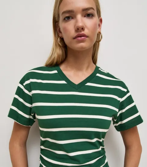 New Look Women's Green Cotton Striped V Neck Corset Waist T-Shirt