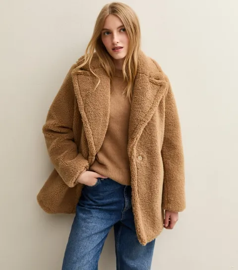 New Look Women's Tan Collared Long Sleeve Borg Coat