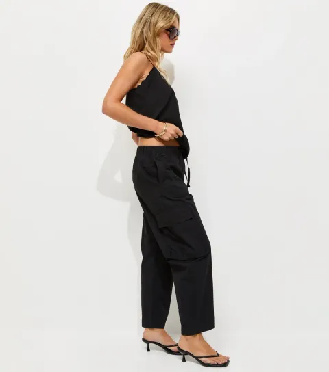 Women's Petite Black Cotton Utility Cargo Trousers