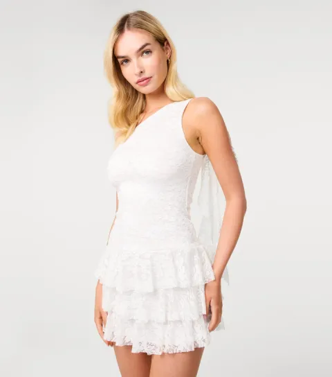 Women's Off White Lace Asymmetric Ruffle Drape Mini Dress