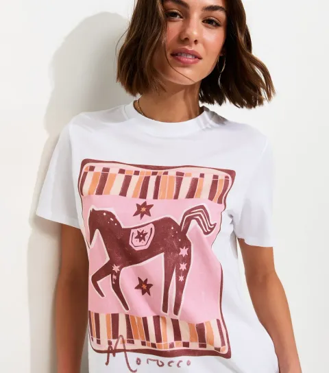 Women's White Cotton Horse Print Oversized T-Shirt