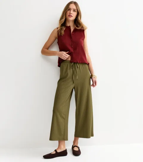 Women's Khaki Ribbed Cropped Wide Leg Trousers