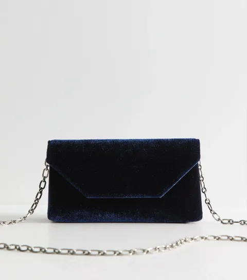 New Look Navy Velvet Envelope Clutch Bag
