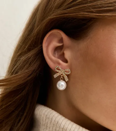 Gold Tone Diamante Faux Pearl Drop Bow Stud Earrings