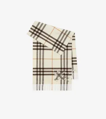 Wide Cross Stitch Knight Check Cashmere Scarf in Pebble white