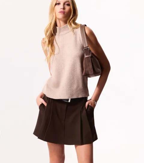 Women's Dark Brown Belted Tailored Pleated Mini Skirt