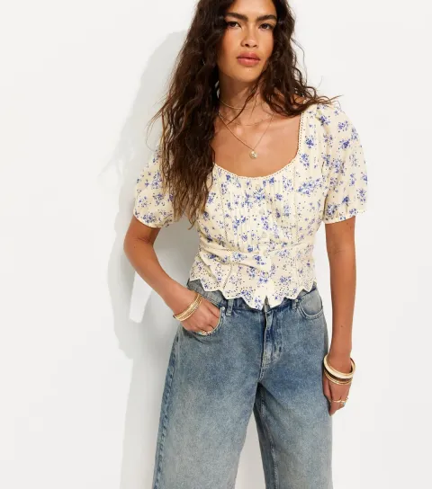 Women's Blue Cotton Floral Puff Sleeve Milkmaid Top