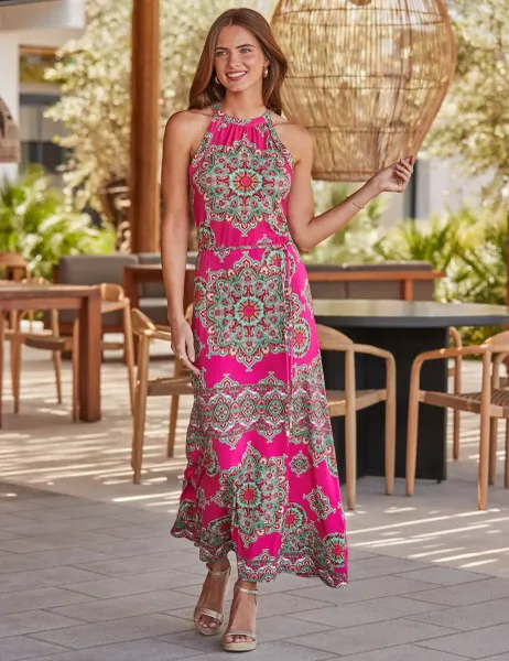 SOSANDAR Paisley Halter Neck Midaxi Column Dress Pink Mix