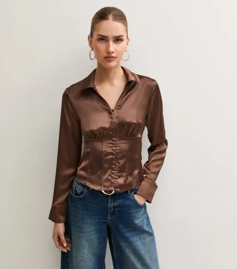 New Look Women's Dark Brown Satin Ruched Corset Long Sleeve Shirt