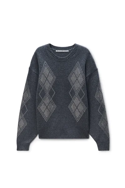 Studded Argyle Crewneck Pullover