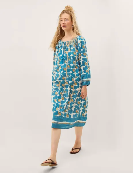 Monsoon Cotton Rich Printed Midi Kaftan Dress Teal Mix