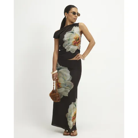 River Island Petite Mesh Floral Print Drape Top