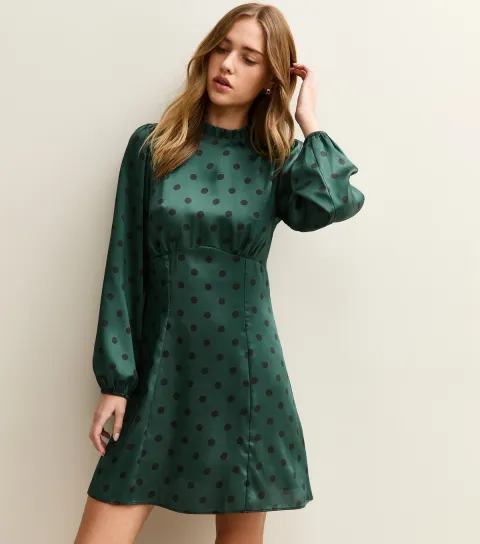 Women's Dark Green Polka Dot Long Sleeve Satin Mini Dress