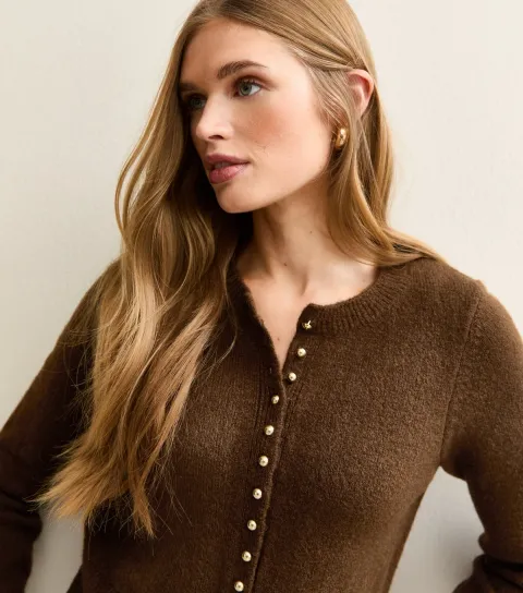 New Look Women's Dark Brown Dome Button Crew Neck Cardigan