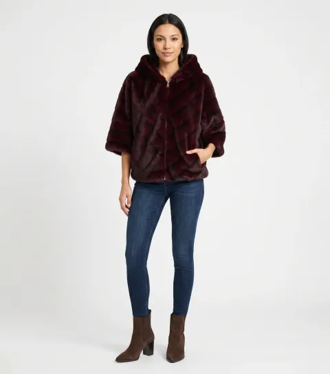 Gini London Women's Dark Burgundy Faux Fur Cropped Cape Sleeve Jacket