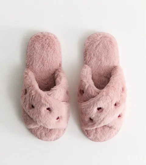New Look Women's Light Pink Fluffy Embroidered Heart Slide Slippers Vegan