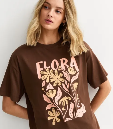 Women's Dark Brown Flora Print Oversized T-Shirt