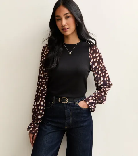 Women's Black Chiffon Sleeve Jersey Top