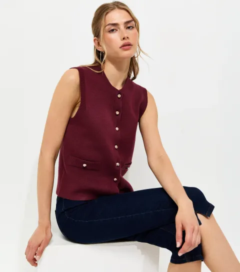 New Look Women's Dark Burgundy Midweight Knit Dome Button Waistcoat