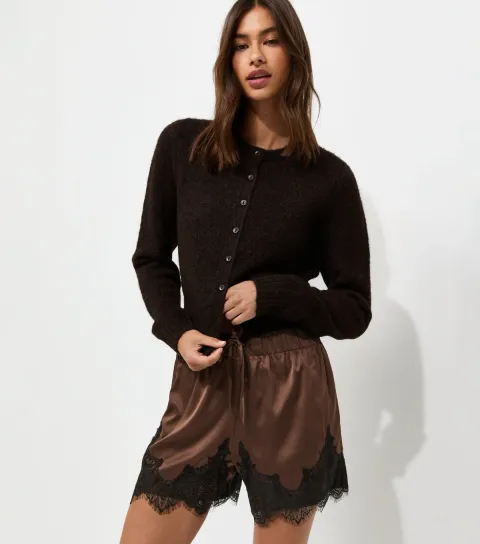Women's Brown Satin Tie Lace Trim Shorts