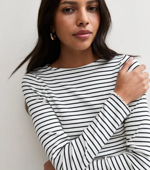 New Look Women's Black Cotton Rich Striped Babylock Long Sleeve Top