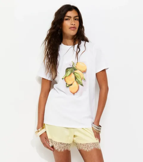 Women's White Cotton Lemon Print Relaxed Fit T-Shirt