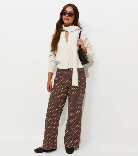 Women's Petite Brown Cotton Polka Dot Wide Leg Jeans