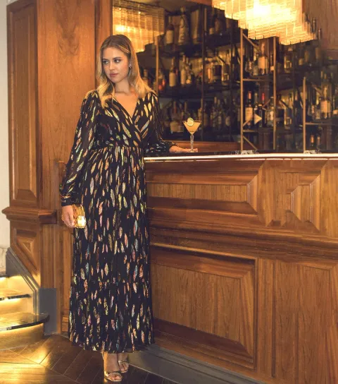 Women's Black Metallic Print Full Sleeve Maxi Dress